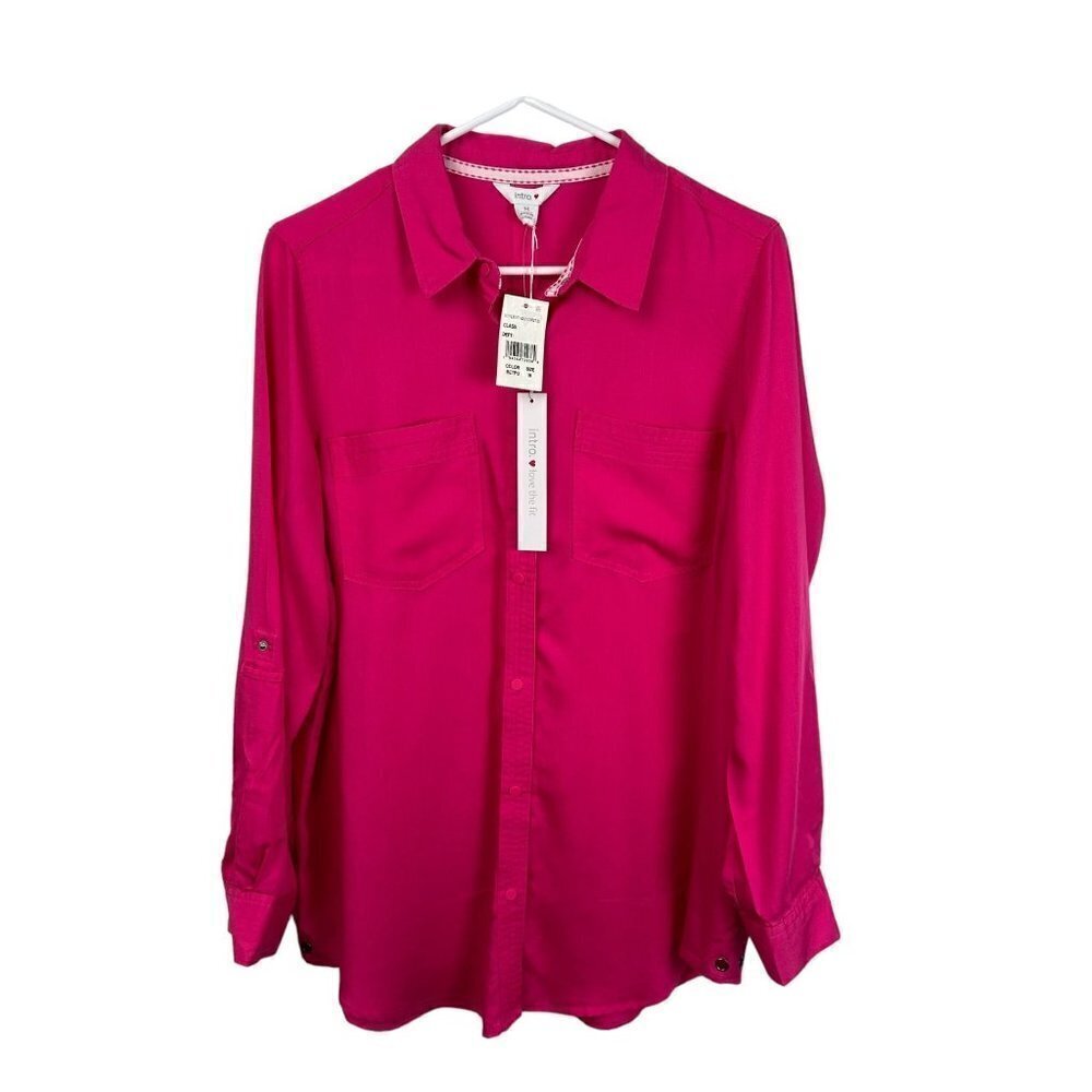Intro NWT, bright pink button up blouse, long or 3/4 sleeves, Medium